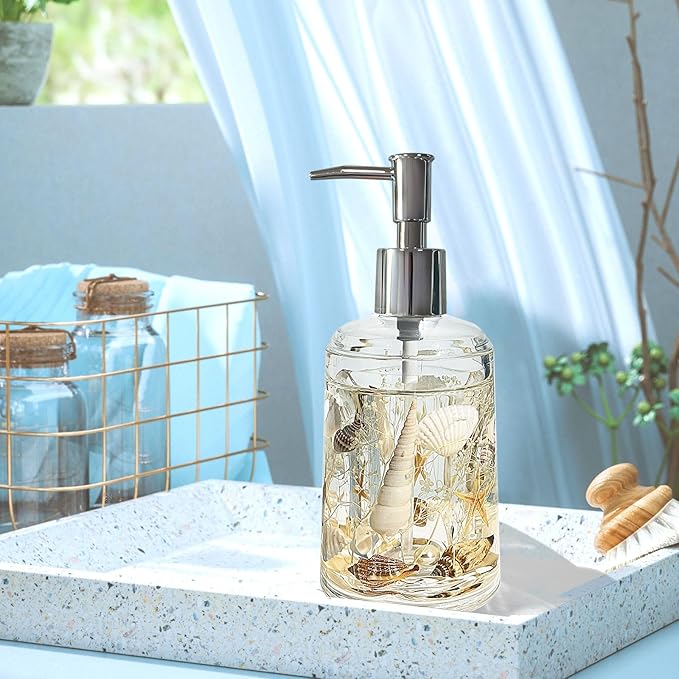 FONMY Soap Dispenser with Pump Acrylic w/Nature Seashell Handmade Bathroom Hand Soap Dispenser, Kitchen Refillable Liquid Dispenser for Soap,Dish Soap, Lotion (Milkly White)