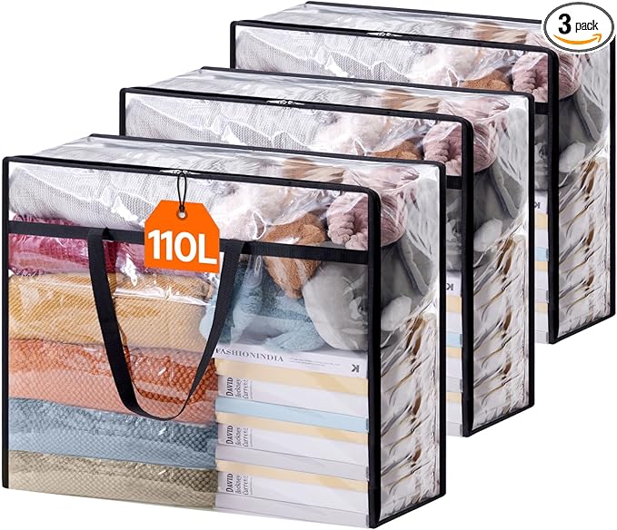 3 Pack Clear Clothes Storage Bags, 110L Plastic Blanket Storage Bag