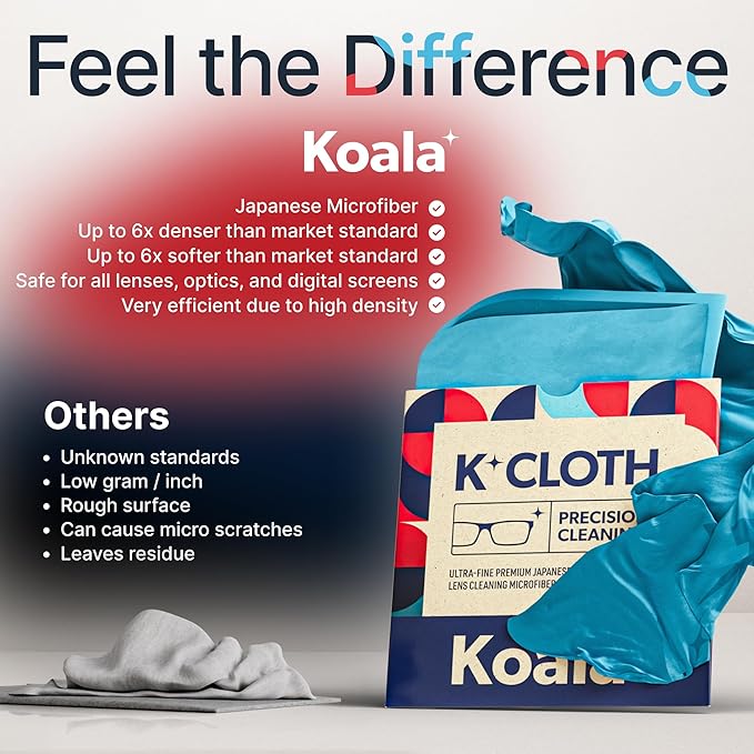 Koala Lens Cleaning Cloth | Japanese Microfiber | Glasses Cleaning Cloths | Eyeglass Lens Cleaner | Eyeglasses, Camera, VR/AR Headset, and Screen Cleaner | Blue & Purple (Pack of 3)