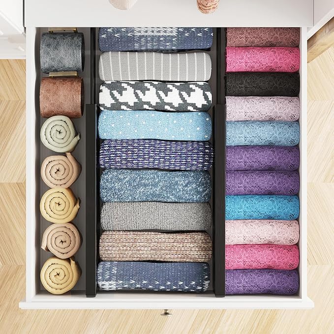 SpaceAid Bamboo 4 Pack Dresser Drawer Dividers, 4.65“ High Adjustable 12.5“-17” Drawer Organizers, Expandable Organization for Clothing, Clothes