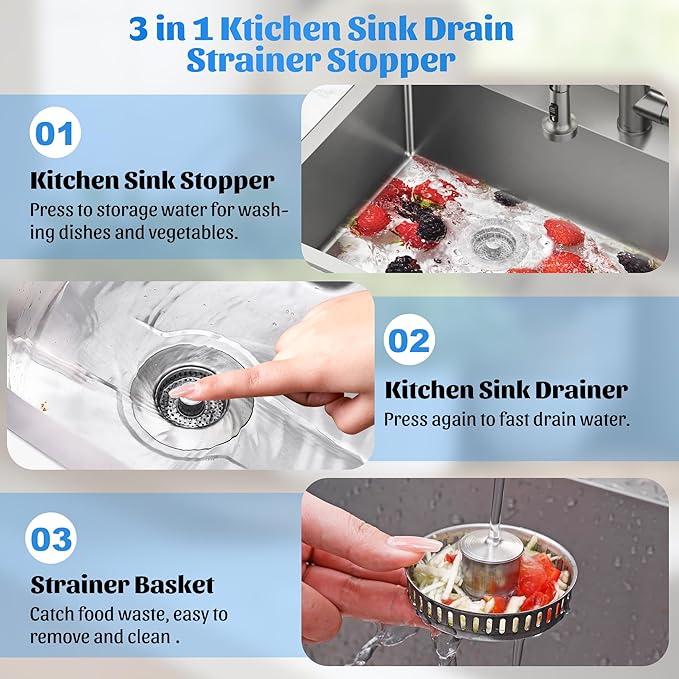 NinjaTiger Kitchen Sink Strainer - 2 Pack, 3-in-1 Pop-Up Stopper