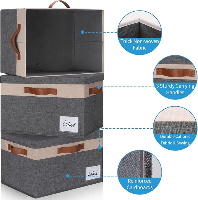 Fabric Storage Bins with Lids 3 Pack, Beige, 15" x 11" x 9.7"