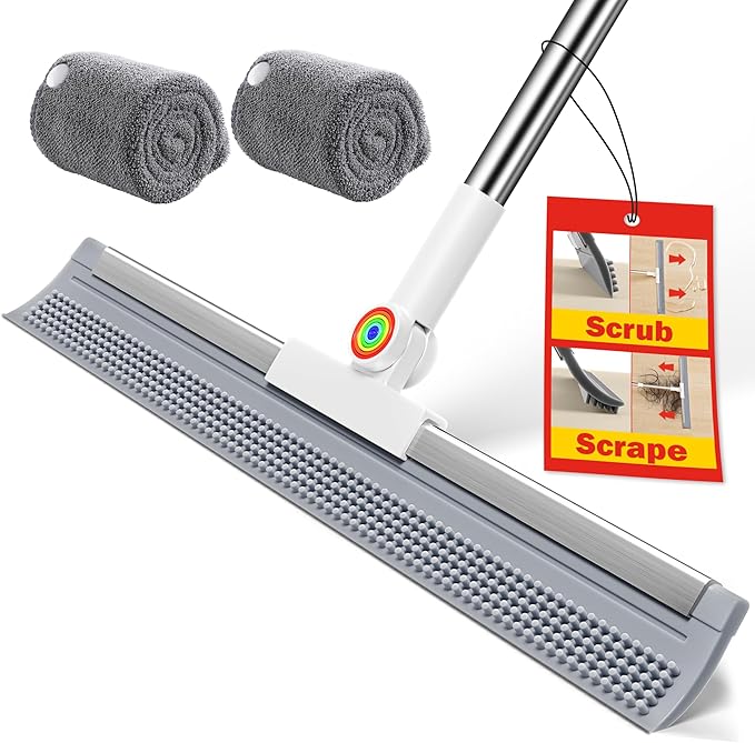 Floor Squeegee with Long Handle, 180° Rotating Silicone Broom for Concrete & Tile Floors, Squeegee for Water Removal on Garage, Bathroom and Deck