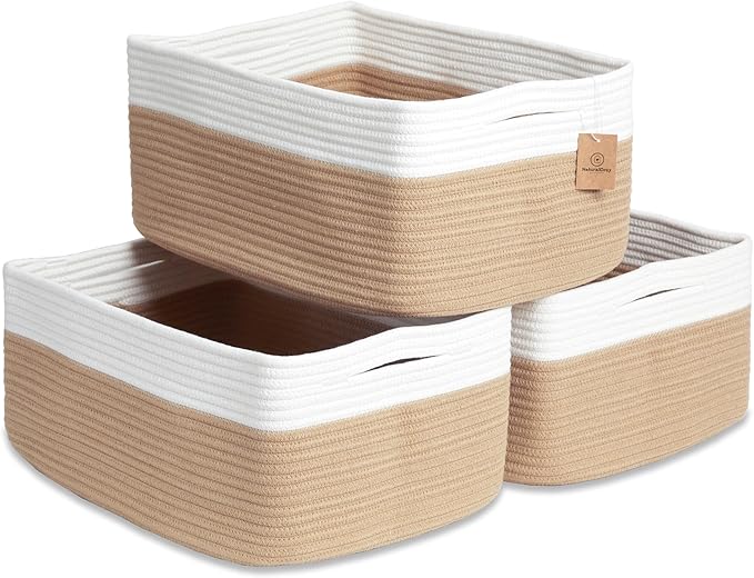 NaturalCozy Storage Baskets 16.8”x13”x7.6” Cotton Rope Woven Baskets for Organizing 3-Pack | Toy Storage Bins | Basket for Shelves, Laundry, Blanket
