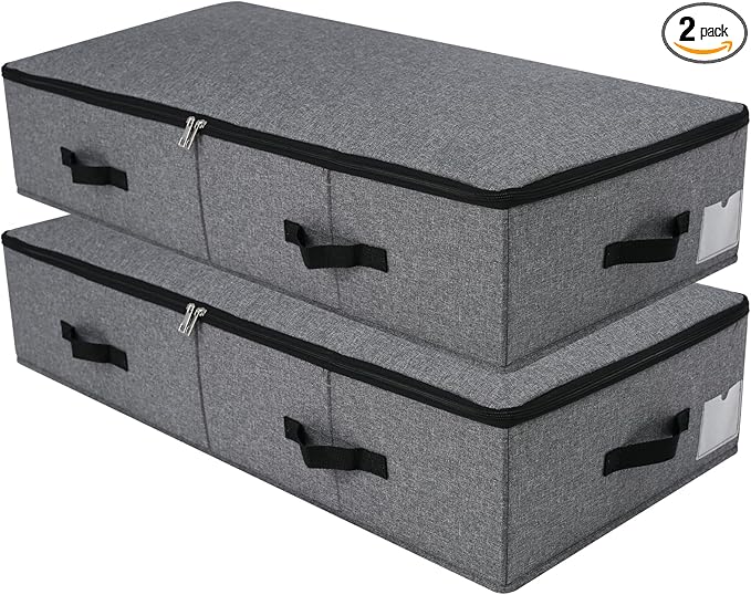 Omygarden Under Bed Storage Bins with Lids, Closet Organizers, Foldable Under-bed Storage Baskets for Sheets, Clothes, Quilts, Sweaters, Wrapping Paper, 35x16.5x7inch, Black Gray, 2PCS