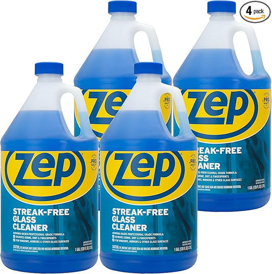 Zep Streak-Free Glass Cleaner - 1 Gallon (Case of 4) ZU1120128 - Professional Grade Formula that Cleans Dirt, Fingerprints, Grime, Smoke Haze, and Toothpaste on Windows, Mirrors, and Other Glass