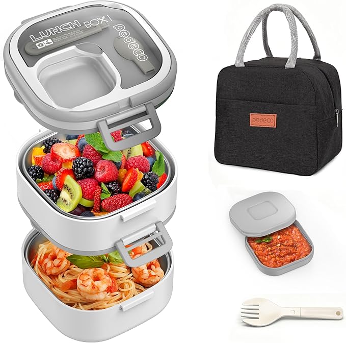 PEDECO Stackable Stainless Steel Bento Box with Insulated bag,Leak-Proof,2-Tier Bento box,Lunch Box With Portable Sauce Pod and Cutlery-for Kids/Adult
