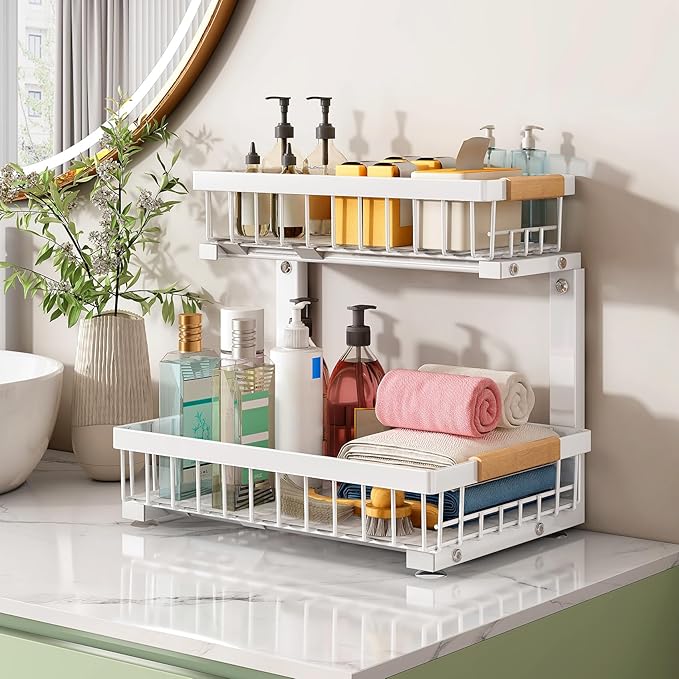 Kitstorack Under Sink Organizer, 2 Tier Under the Sink Storage, Slide out Pull out Cabinet Organizer Shelf