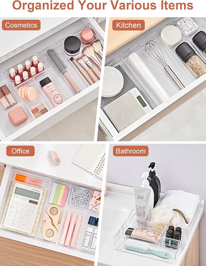 SMARTAKE 37-Piece Drawer Organizer with Non-Slip Silicone Pads, 4-Size Desk Drawer Organizer Trays Storage Tray for Makeup, Jewelries, Utensils in Bedroom Dresser, Office and Kitchen (Clear)