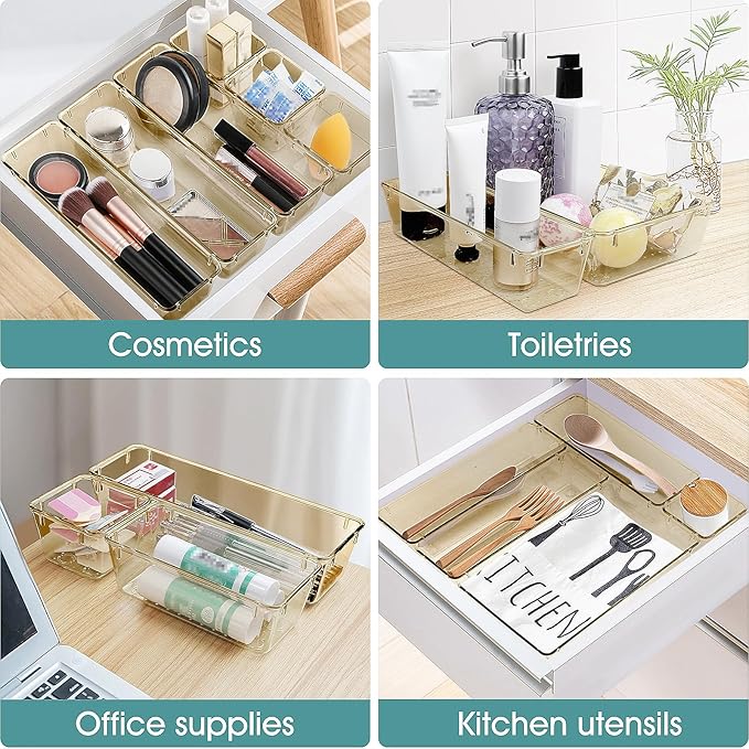 25 PCS Plastic Drawer Organizer Set, Clear Champagne