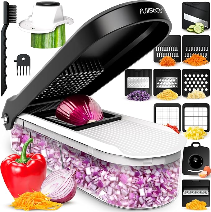 Fullstar Mandoline Slicer for Kitchen - Vegetable Chopper, Onion Potato Food Veggie Fruit Slicer and Cutter with Container, Kitchen Gadgets & Gifts, Home Essentials (10-in-1, White/Black)