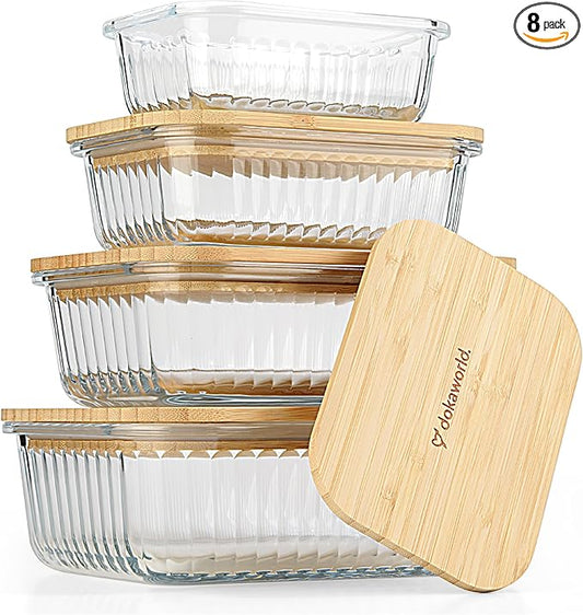 Ribbed Glass Meal Prep Containers with Bamboo Lids, Stackable, Set of 4
