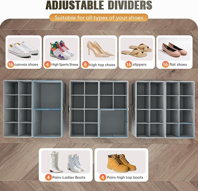 Budding Joy 2 Pack Shoe Organizer for Closet, Clear Foldable Shoe Storage Containers Adjustable Dividers Fits 16 Pairs