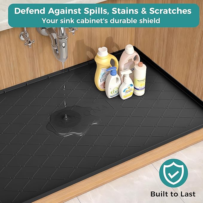 URMONA 25" x 19" Waterproof Silicone Mat in Multiple Sizes & Colors, Under Sink Mat for Kitchen & Bathroom, Pet Food Pad for Dogs & Cats, Kitchen Cabinet Liner, Multi-Purpose for Storage(Beige)