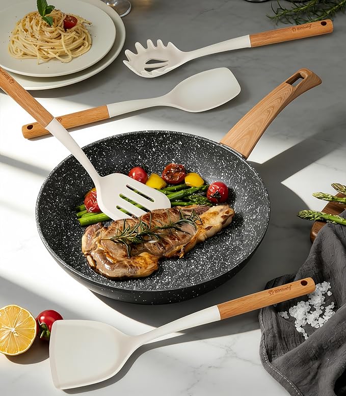 Large Silicone Kitchen Utensils Set with Holder, 25Pcs Cooking Utensil Set with Wooden Handle, Heat Resistant Spatula Sets for Cooking, BPA Free Silicone Utensils Set for Non-Stick Cookware(White)