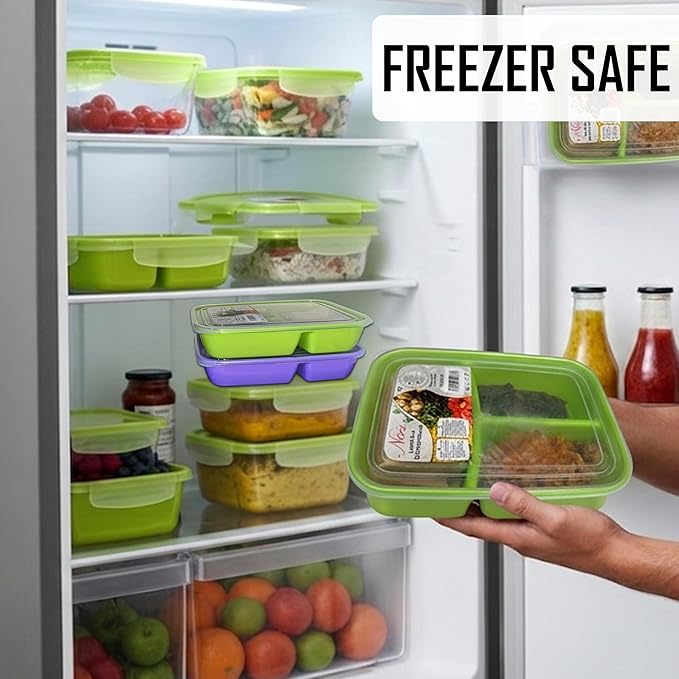 Neez 4-Pack Reusable Bento Box Lunch Containers- 3 Compartment Divided Lunch Organizer, Meal Prep Lunch Box with Lids, Microwave Safe & Sectioned Food Containers(48oz Green & Purple)