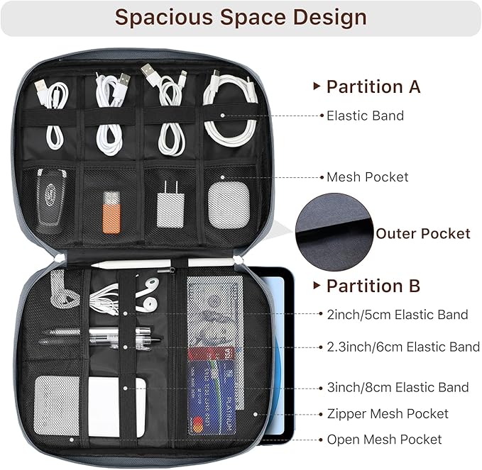 Dadanism Electronics Travel Organizer Case, Double Layers Cord Organizer Travel All-in-One Storage Bag for Cable, Cord, iPad, Chargers, fits 9-11'' Tablets, Portable Tech Accessories Bag, Space Gray