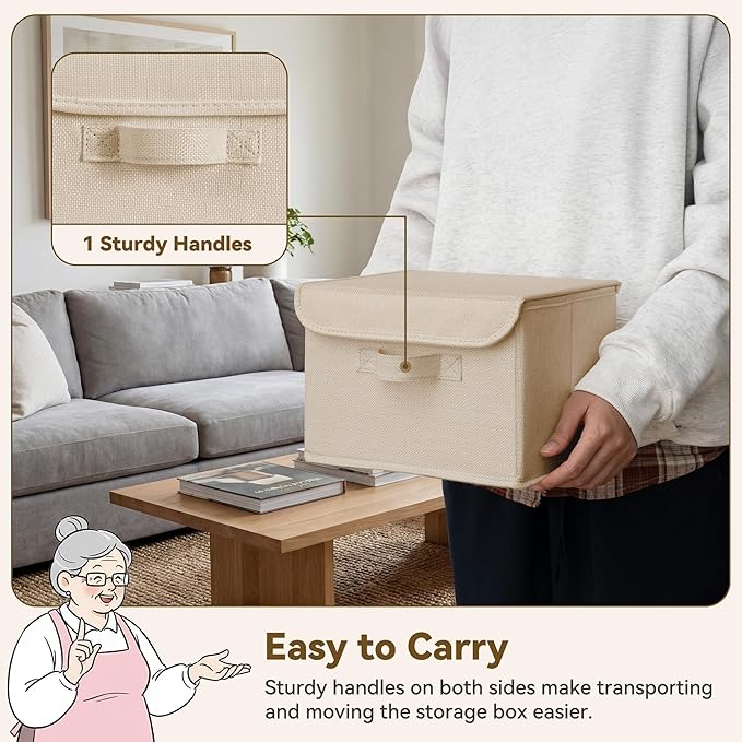 GRANNY SAYS Small Storage Bins with Lids, Small Storage Boxes, Shelf Baskets for Shelf, Collapsible Storage Bins for Living Room, Bedroom, 10x8x7 Inch, Khaki, 2-Pack