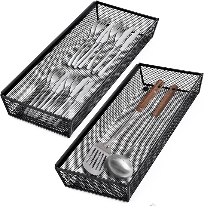 Drawer Organizer, Silverware Tray, 5 Compartment Cutlery Tray, Black Pack 5