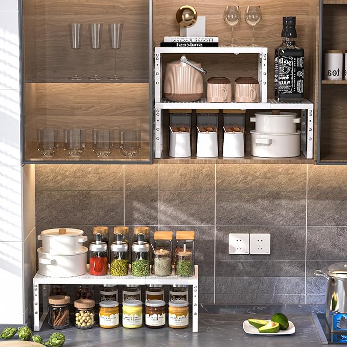 Cabinet Shelf,Expandable Adjustable Stackable Kitchen Organizer,for cabinets, Kitchens, countertops, bathrooms Shelf Organizer(3Packs/White,Medium)