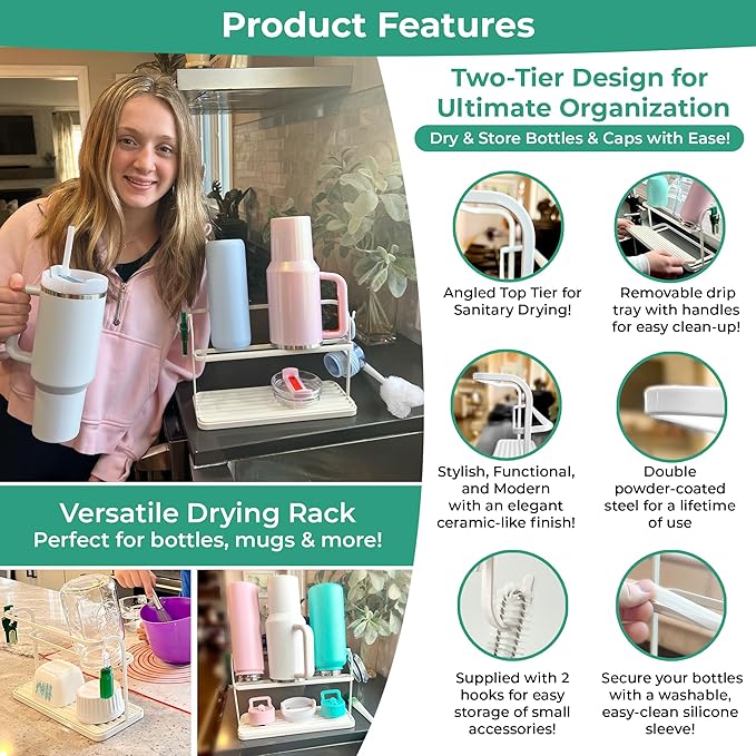 Bottle Drying Rack for Kitchen Countertop, Space Saving Storage Stand with Drainage Tray, Two-Tier Design for Tumblers, Baby Bottles