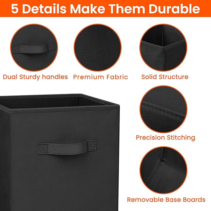 Storage Cubes, 11 Inch Heavy Duty Fabric Storage Bins for Shelves Closet, Black