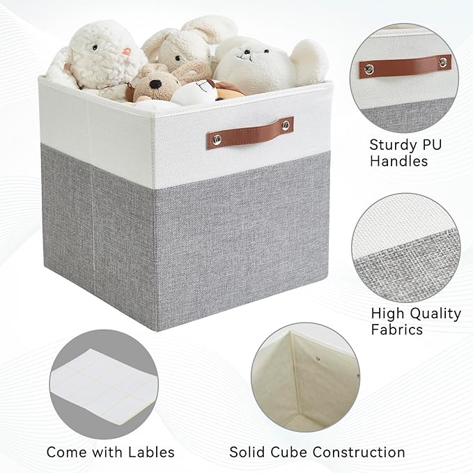 Bagnizer 13x15x13 Storage Cube Bins, Foldable Storage Organizer Baskets, Fabric Cube Storage Boxes with 2 Reinforced PU Handles for Kallax, Shelves, Living Room | 4 Pack, Gray & White