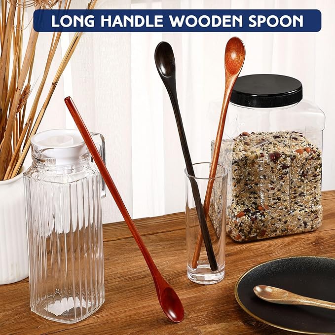 4 Pcs 13 Inch Long Handle Wooden Spoons for Cooking Long Handle Tasting Tea Spoon Wooden Utensils Vintage Stirrer for Kitchen Soup Coffee Cocktail Honey Mixing Stirring, 4 Colors