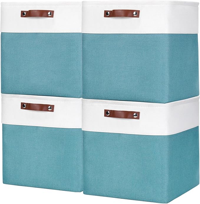 13x13 Cube Storage Bins, Collapsible Fabric Storage Box, Teal&White