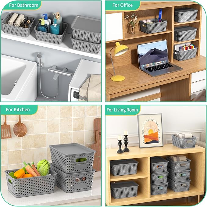 8-Pack Grey Plastic Storage Baskets with Lids, Label Organizers