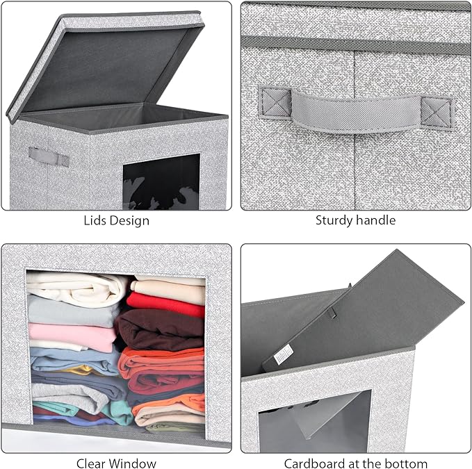 Univivi Foldable Fabric Storage Boxes Large Storage Bins with Lids [4-Pack] Collapsible Storage Cube Organizer, Closet & Bedroom Organization Containers, Home Storage Cube Box (Gray, 17“ x 12” x 12")