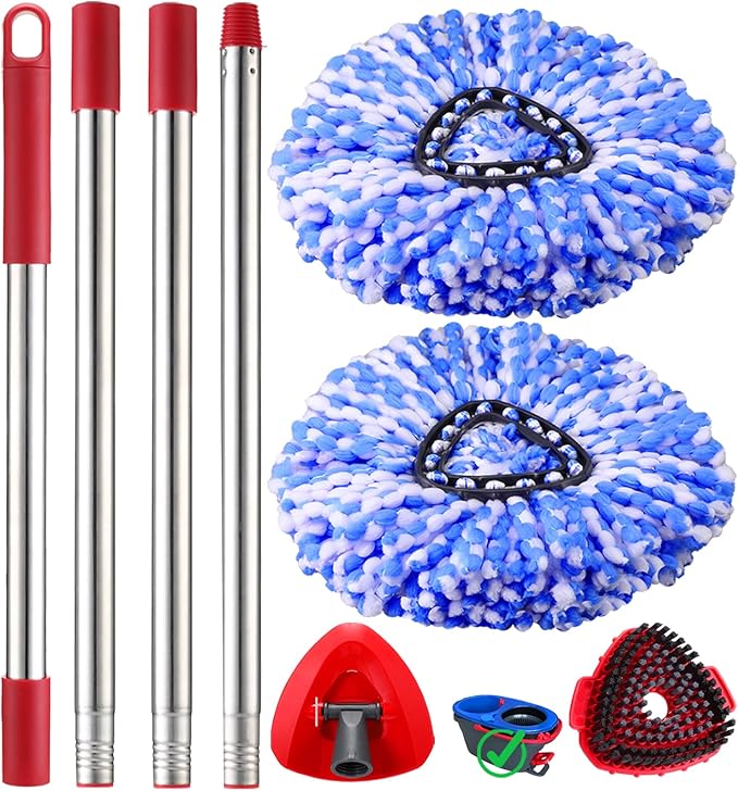 Mop Heads Replacement Handle for Ocedar RinseClean 2-Tank System, 2 Microfiber Mop Refills, 1 Mop Handle (30-58in Adjustable 4-Section Pole), 2 Scrub Brush, 1 Spin Base for O Cedar Mop