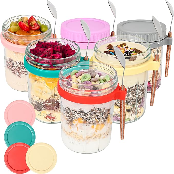 Xileanalee 6 Pack 18oz Overnight Oats Jars - with Lids & Spoons