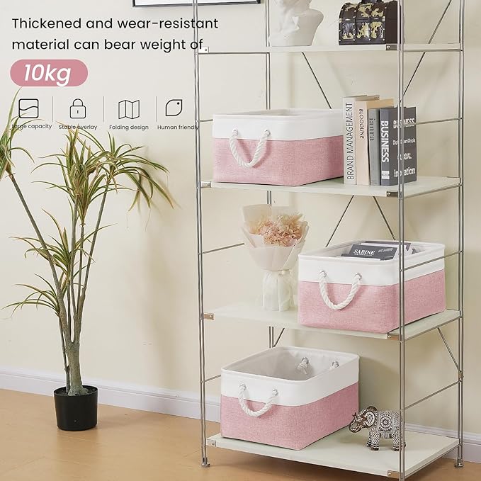 Large Storage Baskets- 15.7x11.8x8.26 inch Storage Bins for Shelves and Closet Organizing, Foldable Fabric Bin for Home Organization Clothes and Laundry (6-Pack, White&Pink)