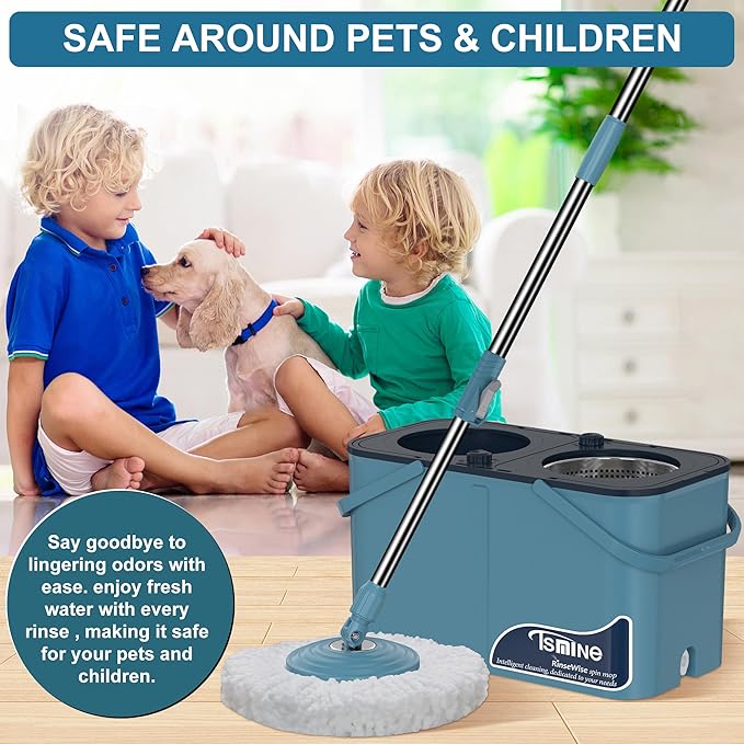 Gen 1 Large-Capacity Spin Mop and Bucket – for Big Homes & Deep Cleaning Days,4-Chamber System Separates Dirty & Clean Water, 2-GAL Heavy-Duty Design with Wheels & 10 Refill Mop Heads - Blue/Grey