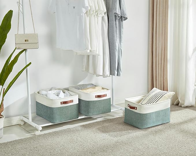 Storage Bins, Large Fabric Storage Baskets for Shelves, Green & White, 3 Pack