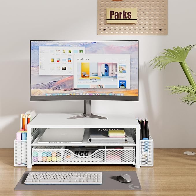 OPNICE Desk Organizers and Accessories, 2-Tier Computer Monitor Stand Riser with Drawer and 2 Pen Holders, Laptop Stand