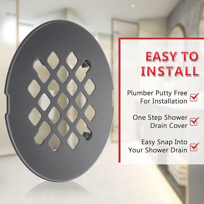 Enhon 2 Pack 4-1/4 Snap in Shower Drain Cover, Round Strainer Drain Grid, Bathroom Shower Grate Cap Replacement for Hair Catcher(Matte Black