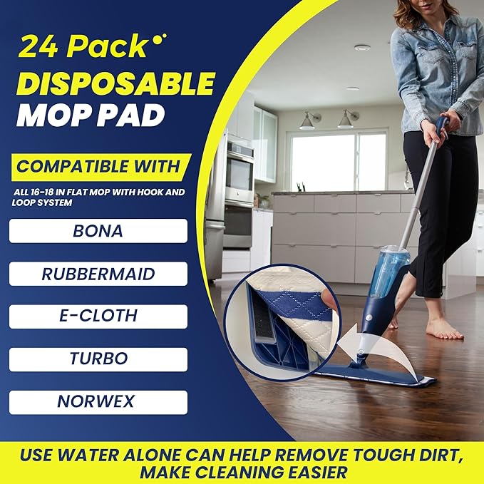 18 Inch Microfiber Disposable Mop Pad 24 Pack for All 16-18'' Hook & Loop System Mop, Wet Dry Cleaning Pad Compatible with Bona,Rubbermaid,Turbo,Norwex (18 in, 24 Pack)