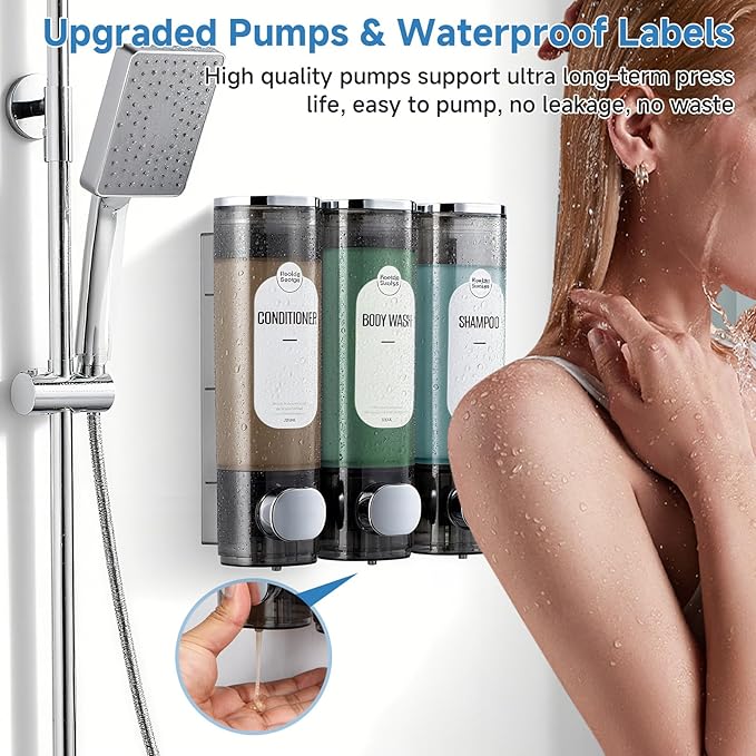 Shampoo and Conditioner Dispenser, Shower Soap Dispensers 3 Chamber No Drill Refillable Wall Mounted Shampoo Body Wash Dispenser for Shower 3 * 300 ml Container for Bathroom Hotel RV, Clear