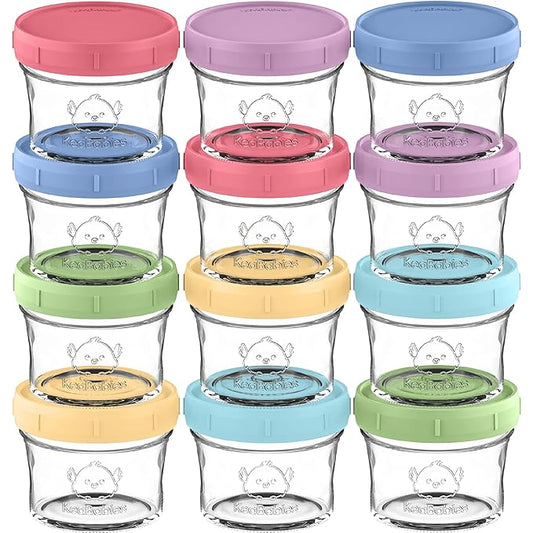 KeaBabies 12pk 4oz Glass Baby Food Containers with Lids - Leak-Proof, Microwavable Small Glass Jars, Baby Purees & Toddler Snack Storage Containers