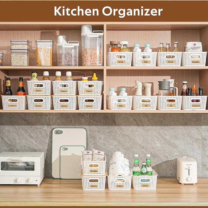 8 Pack Plastic Storage Bins with Bamboo Lids - Stackable Storage Baskets with Handle for Pantry Organizer and Storage