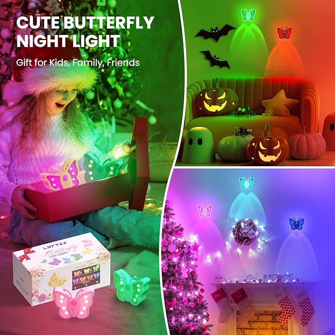 LOFTEK Rechargeable Motion Sensor Light, RGB Color Changing & Dimmable Night Light, Cute Butterfly Light for Kids' Bedroom, Bathroom, Hallway, Tent & Stairs - Ideal Home Decor & Gift, Yellow of 4
