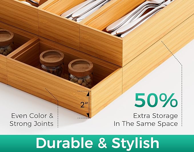 Bamboo Kitchen Drawer Organizer Boxes – 12" x 3" Stackable Wood Silverware Utensil Tray for Drawers Bins, Cutlery & Flatware Storage