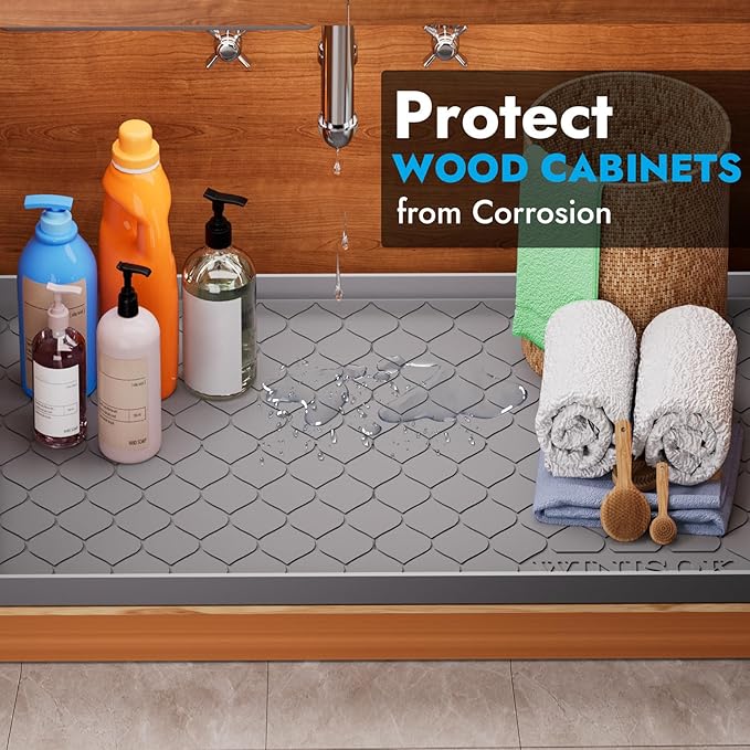 Winisok Silicone Under Sink Mat 28" x 19", kitchen Essentials and Gadgets, Shelf liner and Cabinet Protector, Home Organizers and Storage, Waterproof Bathroom Tray