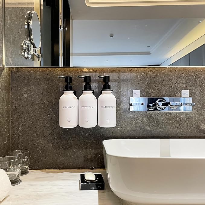 Shampoo Dispenser for Shower Wall, Shampoo and Conditioner Dispenser with 16 Waterproof Labels, No Drill Shower Soap Dispenser Bathroom, Shower Soap Dispenser Wall Mounted,17oz, 3 Pack, Black White