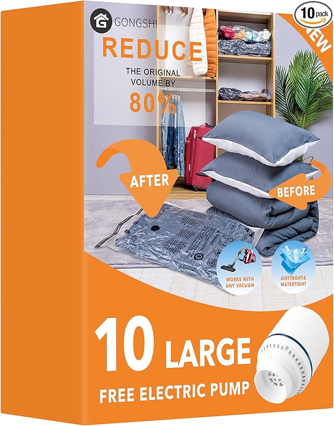 GONGSHI Vacuum Seal Bags for Clothing Travel & Home Storage, Travel Vacuum Bags with Electric Pump,Space Saver for Blankets, Comforters, Pillows, Clothes,10 Large