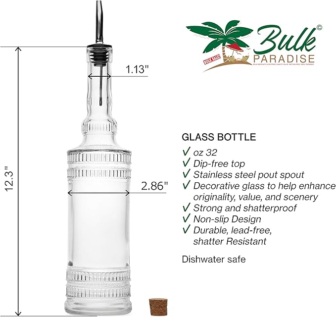 BULK PARADISE Large Clear Decorative Glass Bottle with Spout and Cork, 32oz, 1 Bottle - Design: EPLI (3in X 11.9in)