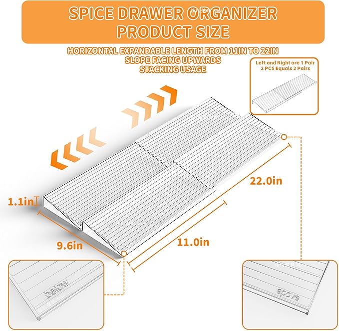 4 Pack Adjustable In Drawer Spice Organizer, Expandable From 11'' to 22''