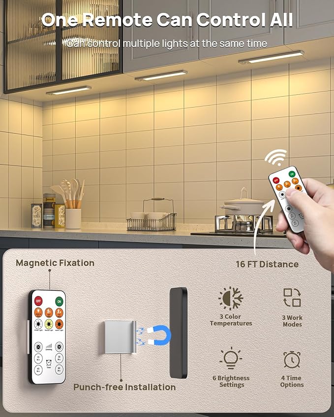 Under Cabinet Lighting with Remote, 12" Motion Sensor Light Indoor, Rechargeable LED Closet Light Wireless, 3 Color Temps & Dimmable, Magnetic Under Counter Lights for Kitchen, Stairs, Pantry, 5 Pack